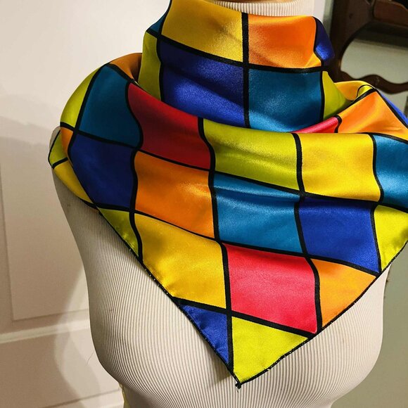 NWT Handmade Geometric Art Silk Scarf by Sana – Bold & Colorful Design - Picture 1 of 10